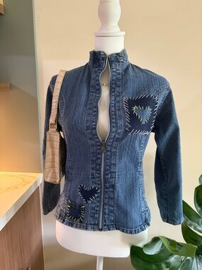 Vintage Blue Denim Jean Jacket with Patch Heart Stitching